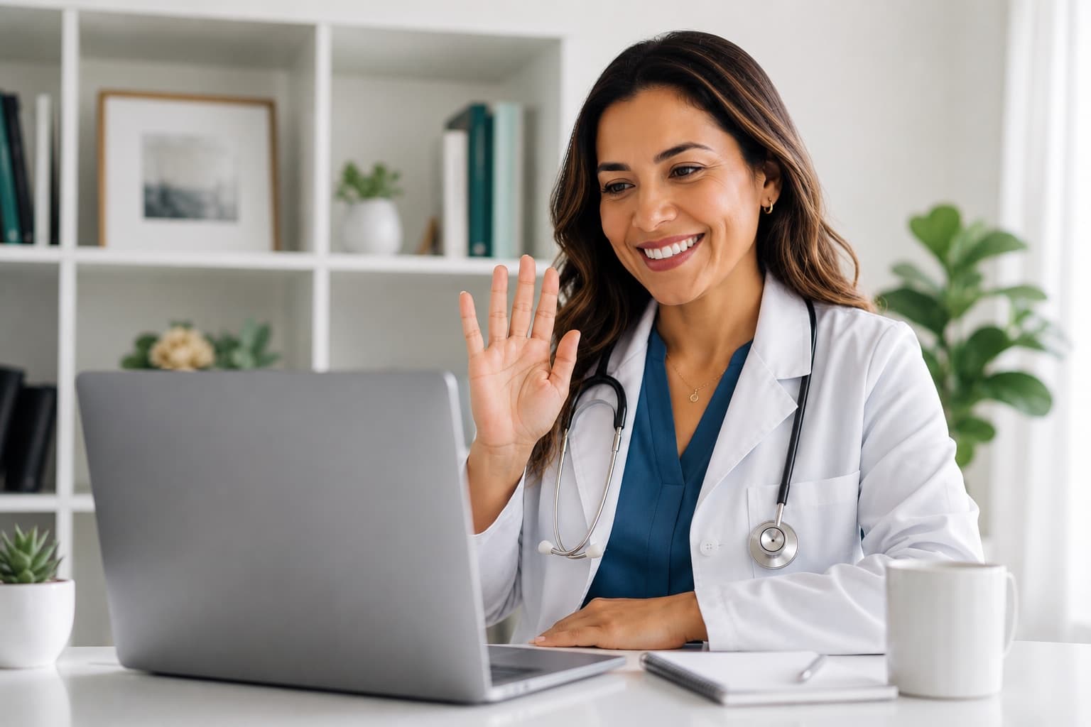 Una doctora saluda durante una consulta médica por video, en español