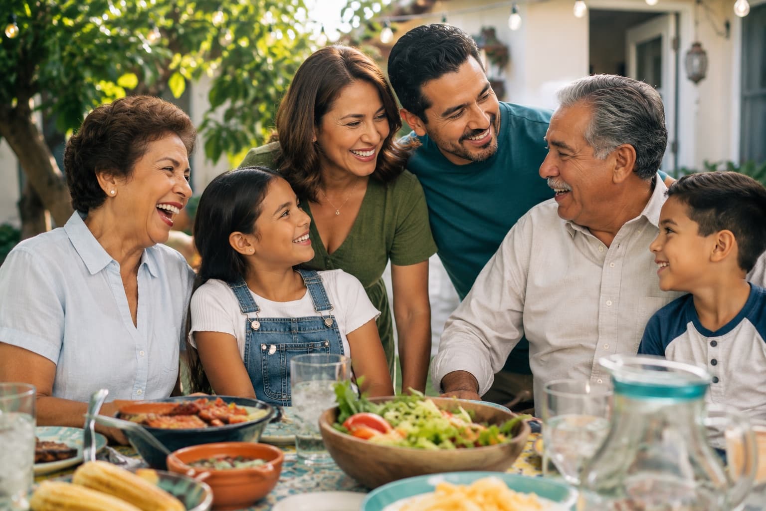 Una familia de tres generaciones disfruta una comida juntos al aire libre
