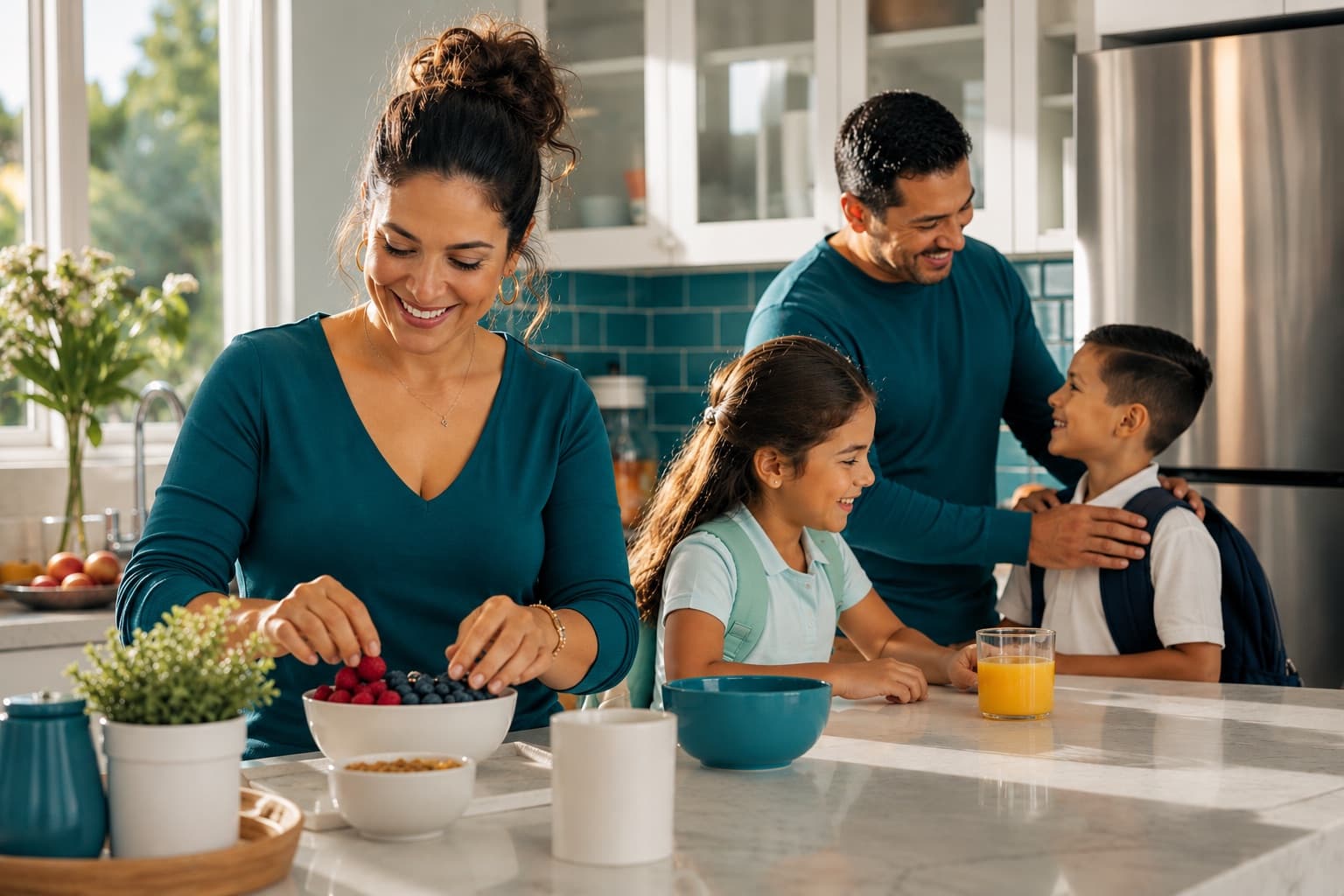 Una mamá prepara un desayuno saludable mientras su familia se alista por la mañana