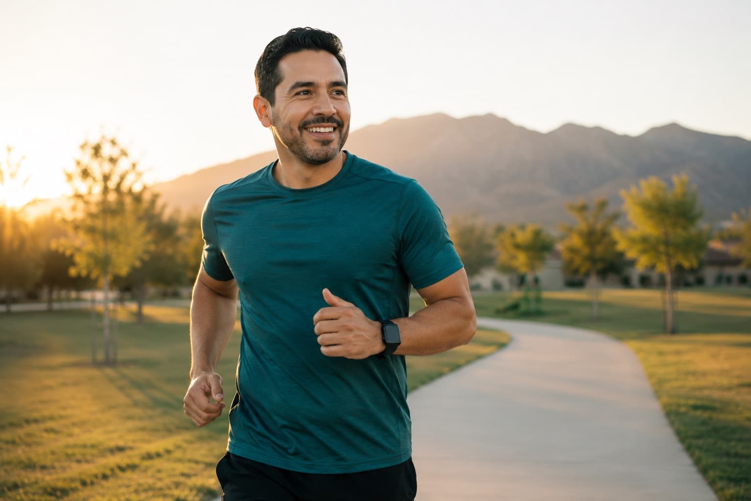 Un hombre corre al amanecer, lleno de energía y confianza